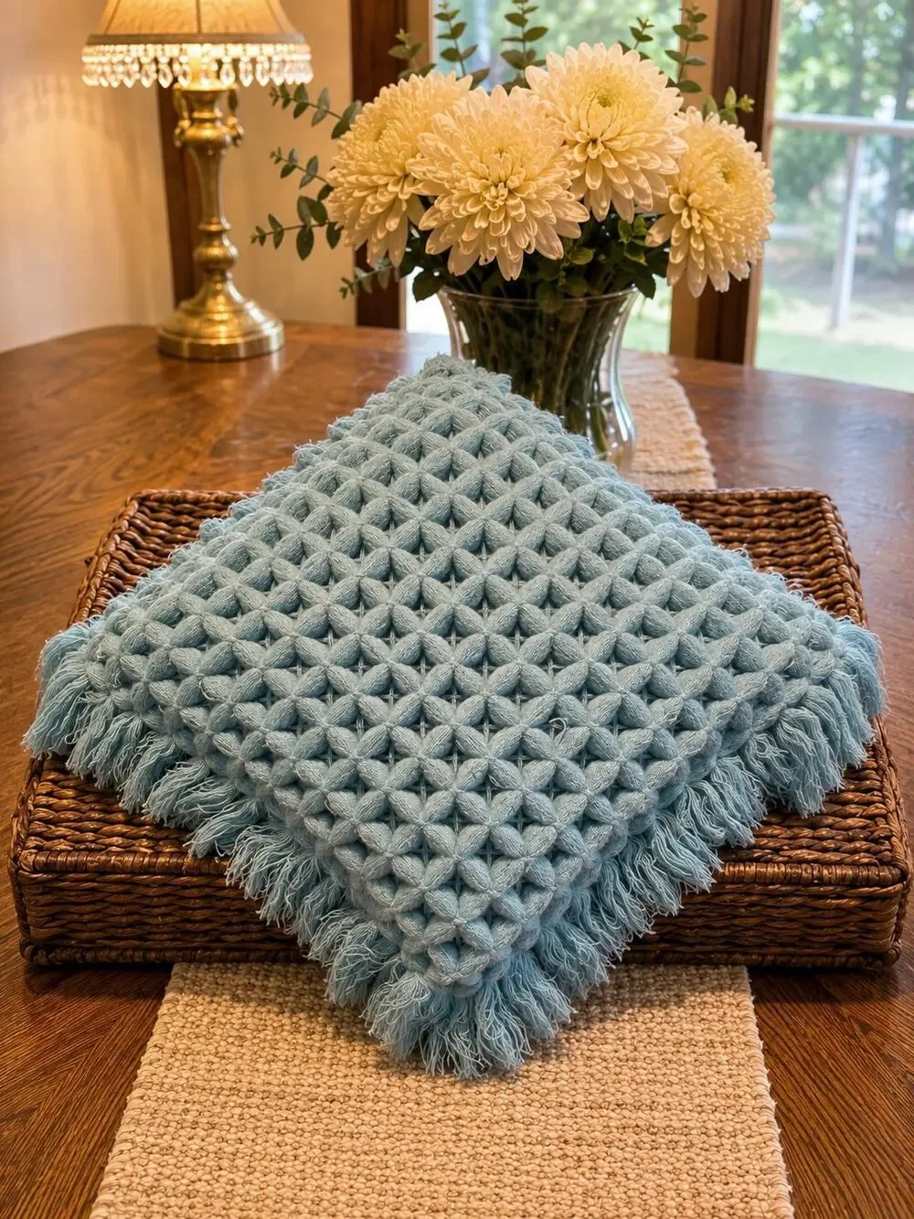Vintage Pom Pom Pillow, Handmade - Granny/Cottage Decor